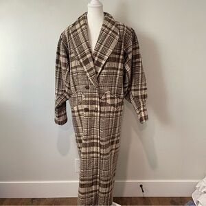 Vintage Brown Plaid Wool Pea Coat Double Breasted Size 8 Academia Old Money